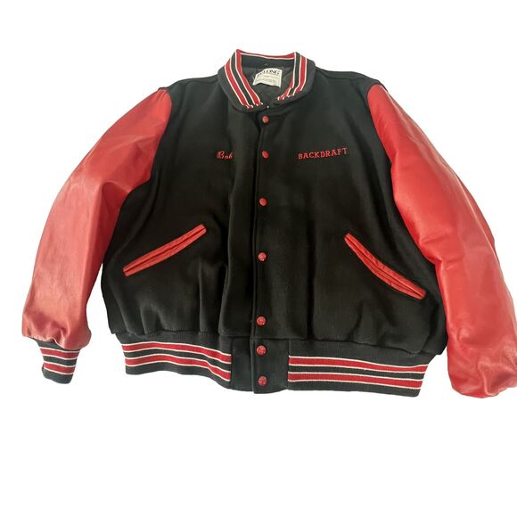 Vintage bomber Jacket DeLong Wool Sz 52 90s movie Backdraft 1991 Black Red Rare - Picture 8 of 12